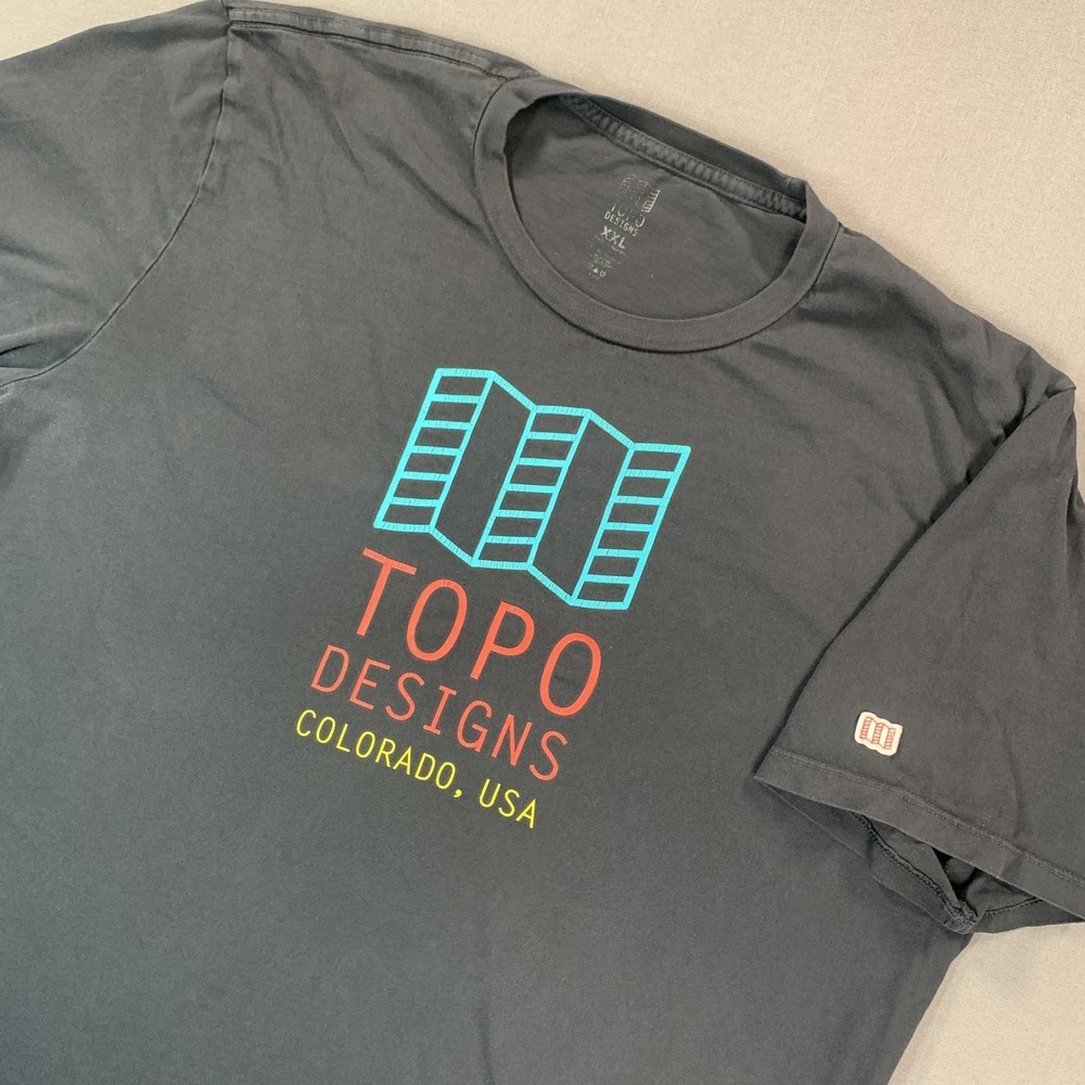 Topo Designs Shirt Mens 2XL Black Colorado USA Map Logo Graphic Tee Outdoor